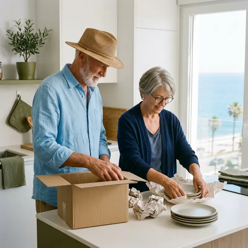 Pareja de unos sesenta años abriendo cajas en el salón de un apartamento con vistas al mar