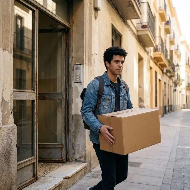 Hombre joven con una caja en brazos saliendo del portal de un edificio de pisos en Málaga