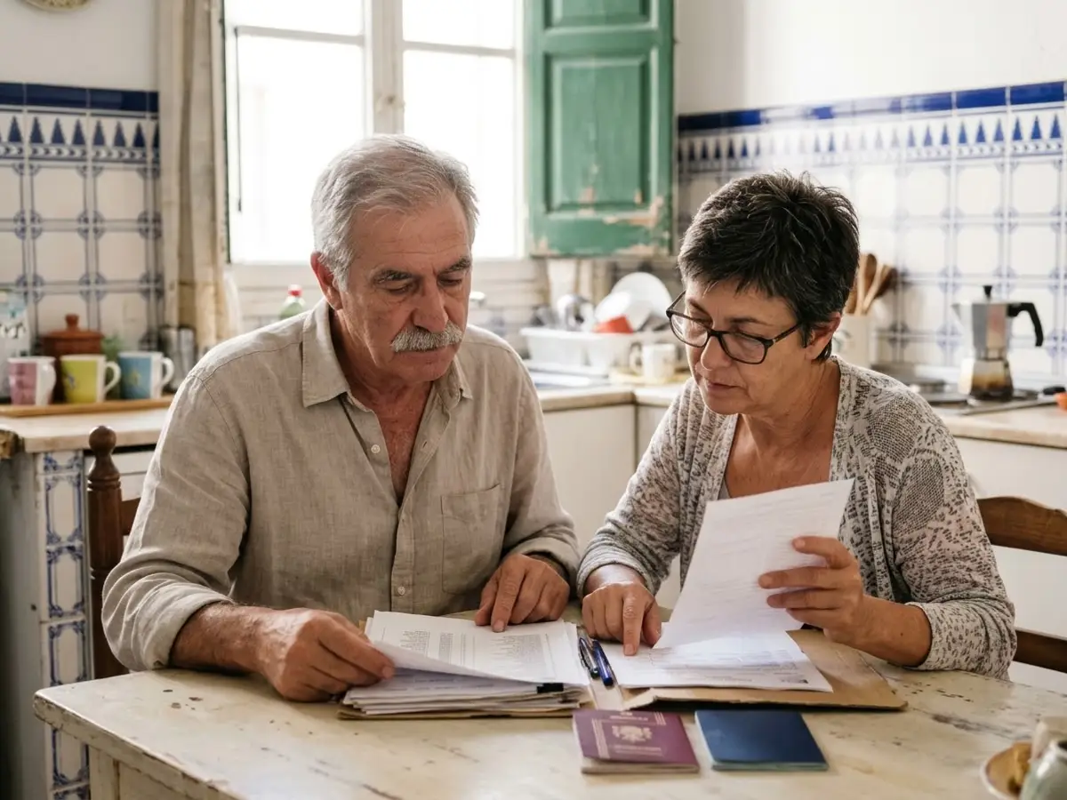 Pareja revisando el inventario de la mudanza y unos formularios en la mesa de la cocina
