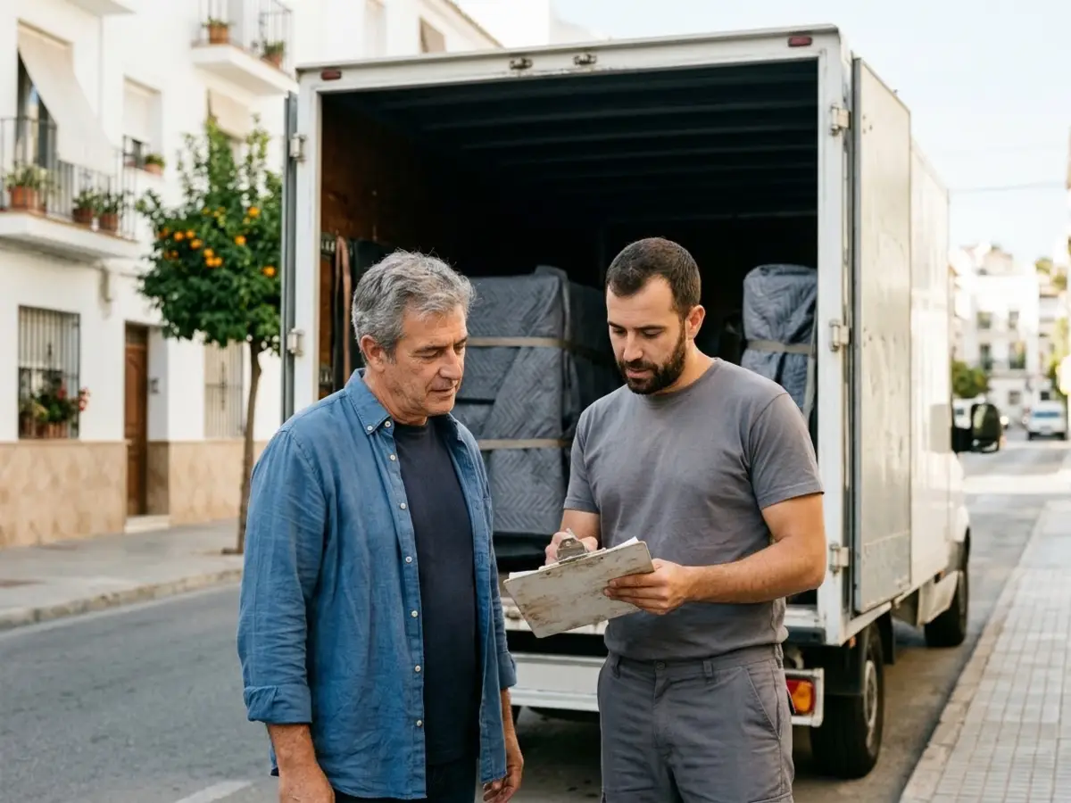 Hombre revisando con un operario la lista de muebles junto a la puerta abierta de un camión de mudanzas