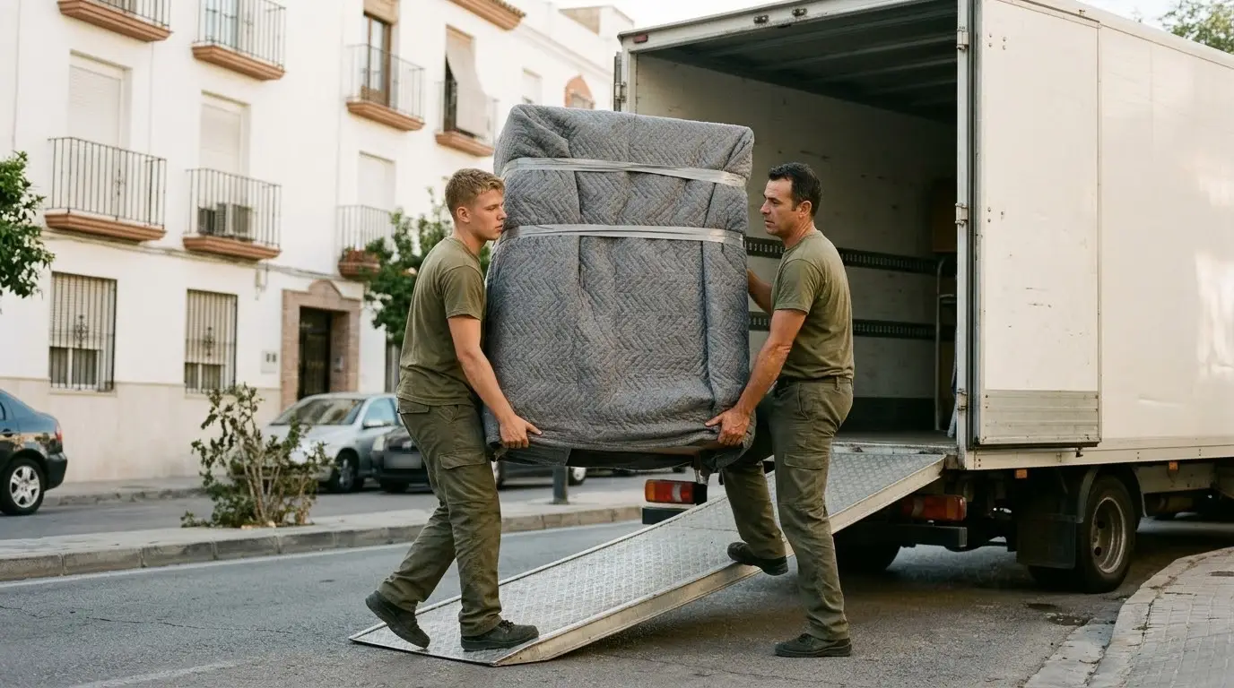 Operarios cargando muebles protegidos con mantas en un camión de mudanzas frente a un edificio de Málaga