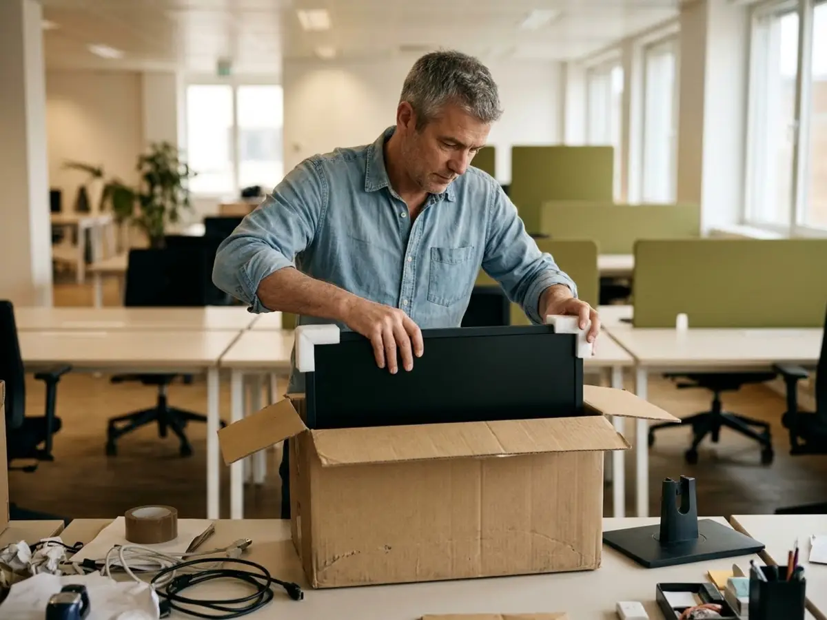 Hombre con camisa embalando con cuidado un monitor de ordenador en una caja en una oficina luminosa