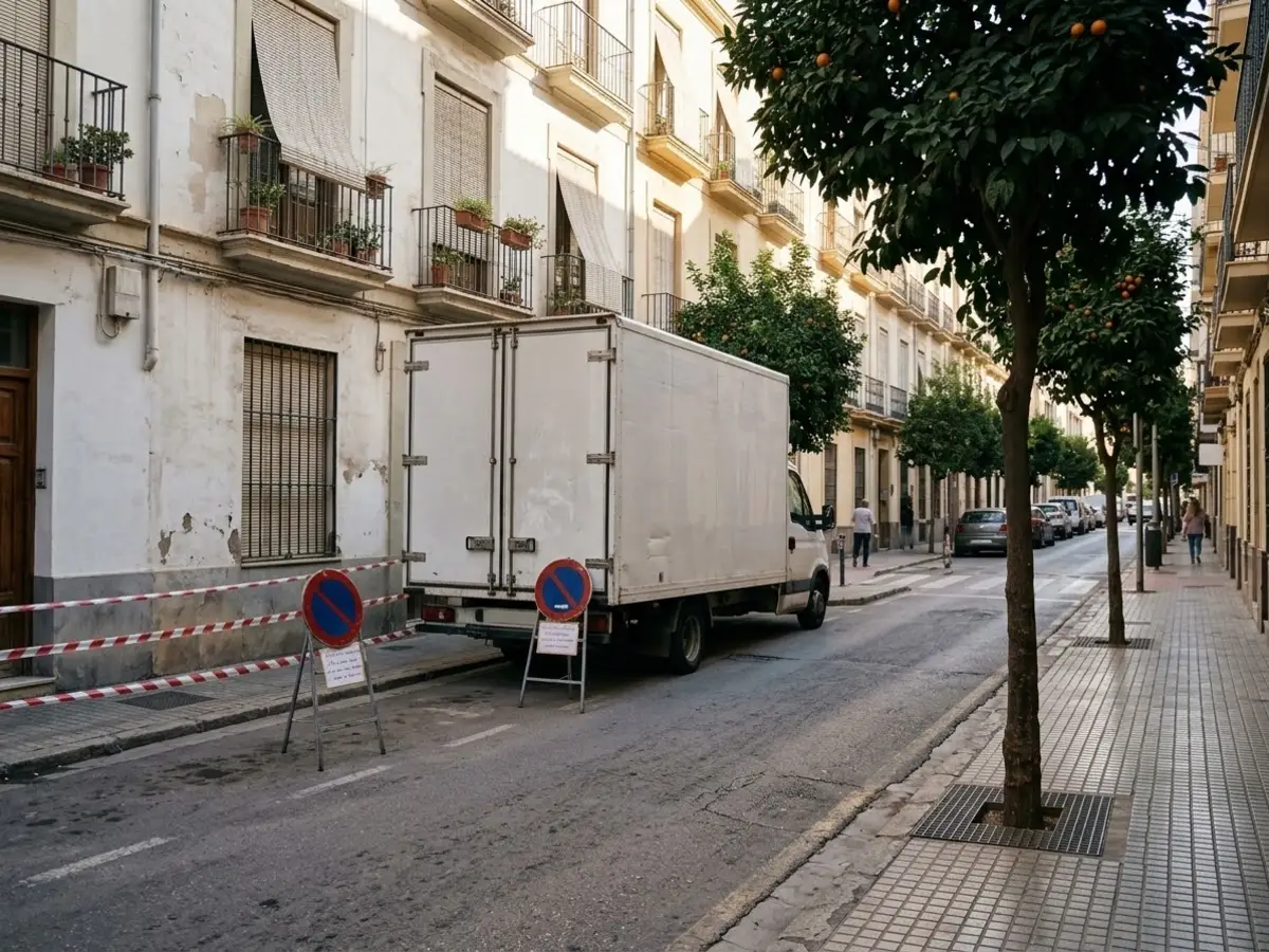 Camión de mudanzas aparcado junto a señales de reserva de espacio en una calle con naranjos de Málaga
