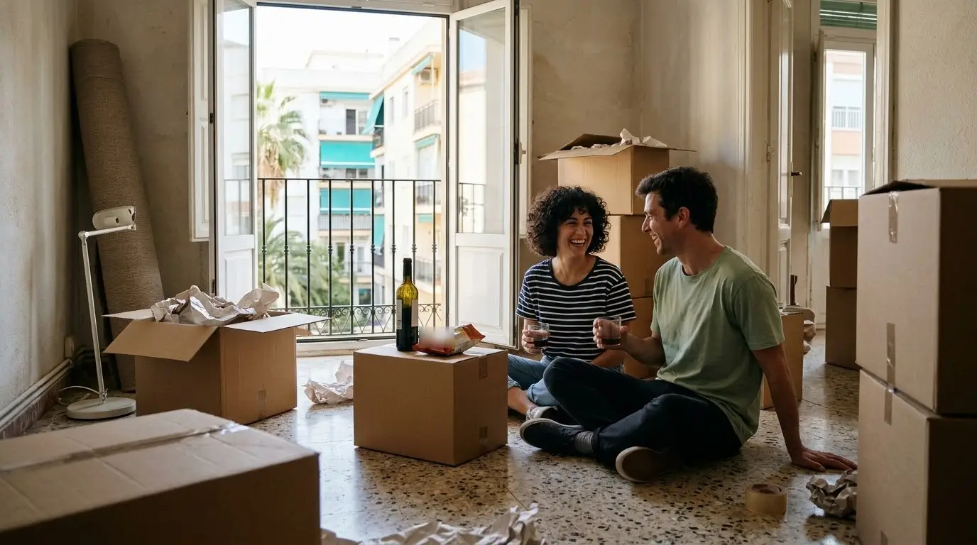 Pareja con cajas de mudanza en el salón vacío de un piso luminoso de Málaga con balcón