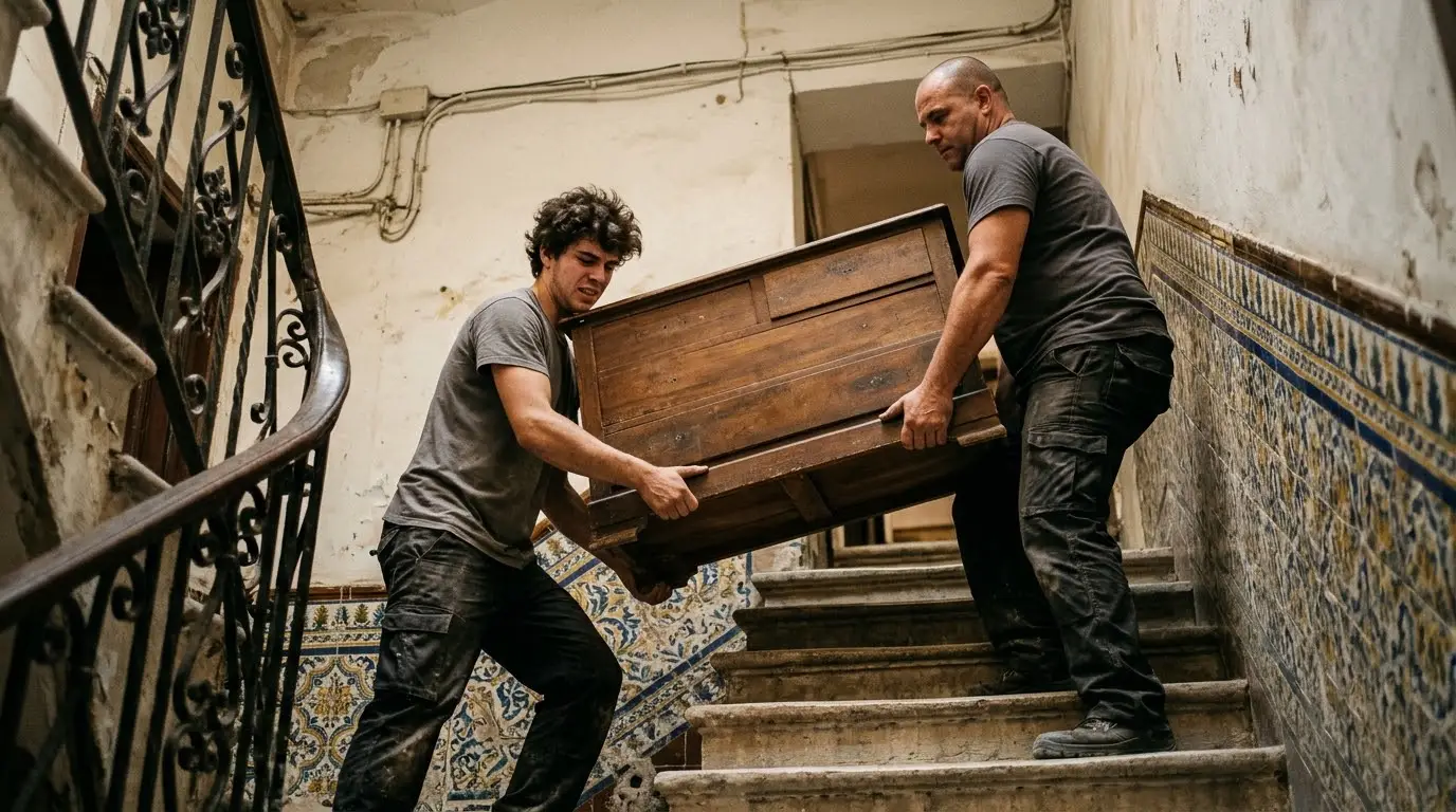 Dos operarios con ropa de trabajo gris subiendo una cómoda por la escalera de un edificio antiguo de Málaga