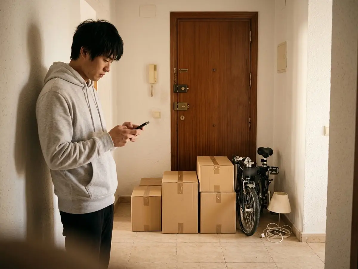 Hombre joven con cajas de cartón cerradas junto a la puerta de un piso esperando el porte