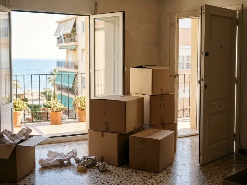 Cajas de mudanza precintadas y numeradas junto a la puerta de un apartamento de la Costa del Sol