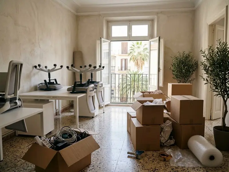 Oficina con mesas vacías y cajas de archivo apiladas listas para el traslado