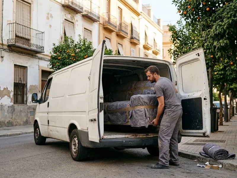 Operario cargando un sofá envuelto en manta en una furgoneta blanca en una calle de Málaga