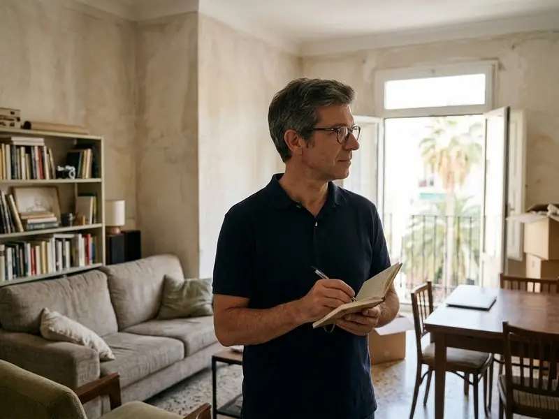 Hombre apuntando en una libreta los muebles de su salón antes de pedir presupuesto de mudanza